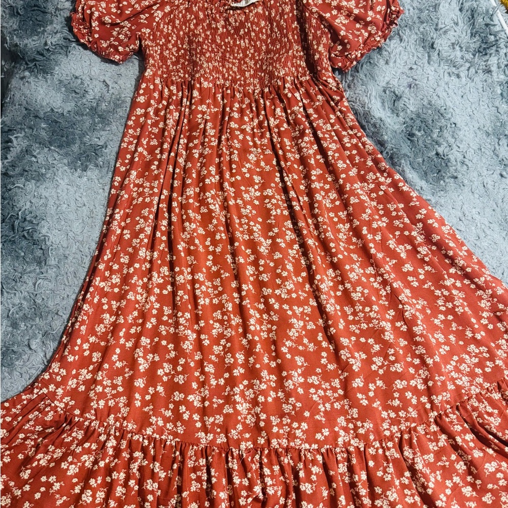 Red Smocked Tiered Maxi Dress with Puff Sleeves